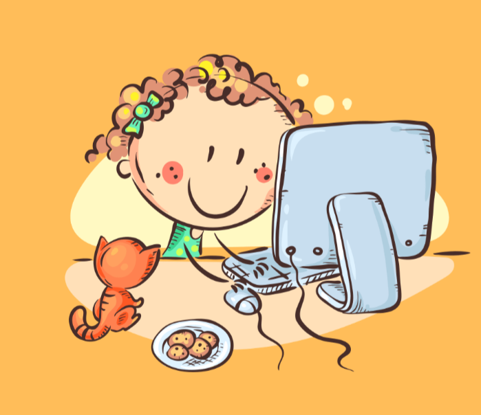 パソコンでオンラインレッスンを受ける女の子のイラスト